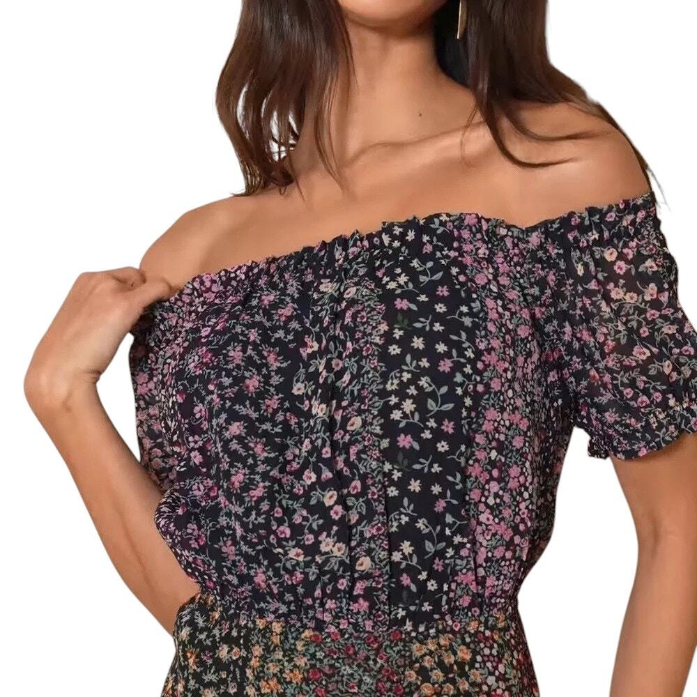 Lulus Maxi Dress Sz L Boho Ditsy Floral Patchwork Print Slit Off Shoulder NWT - Picture 2 of 7